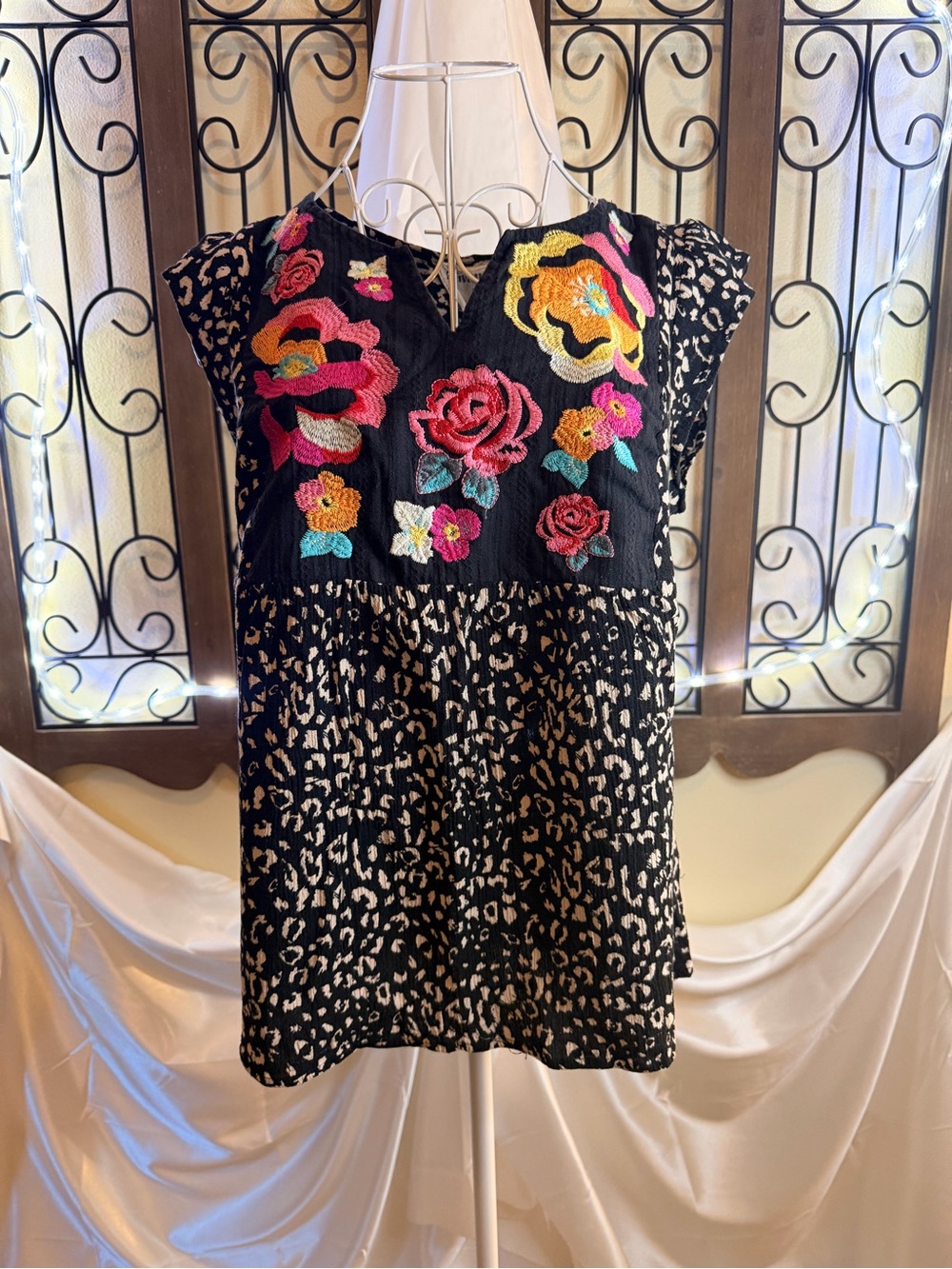 Savanna Jane Black Tunic with Multicolor Floral Embroidery and Leopard Panel